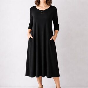 Eileen Fisher Black Midi A-Line Dress with Pockets